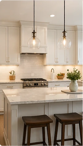 Bright kitchen renovation with white cabinetry, large center island, marble-style countertop, pendant lighting, gas range, tile backsplash, bar seating, and clean modern finishes