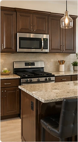 Kitchen upgrade with dark wood cabinets, granite countertop island, stainless steel microwave and range, pendant lighting, tile backsplash, and comfortable bar seating