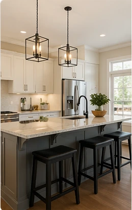 Modern kitchen renovation with large center island, quartz countertop, pendant lighting, black faucet, bar seating, white cabinetry, stainless steel appliances, and bright natural light
