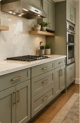 Kitchen upgrade with green shaker cabinets, brass hardware, white herringbone tile backsplash, gas cooktop, built-in ovens, range hood, open shelving, and warm wood flooring