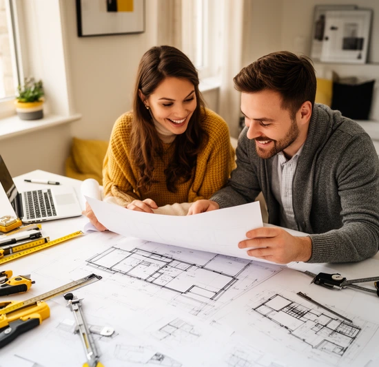 Homeowners reviewing renovation plans and project drawings with design tools, floor plan layouts, and planning documents for a residential construction upgrade
