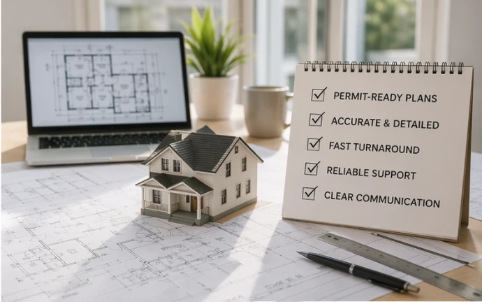Permit-ready residential plans with house model, floor plan drawings, laptop blueprint, checklist, ruler, and planning tools for accurate project documentation and approval support
