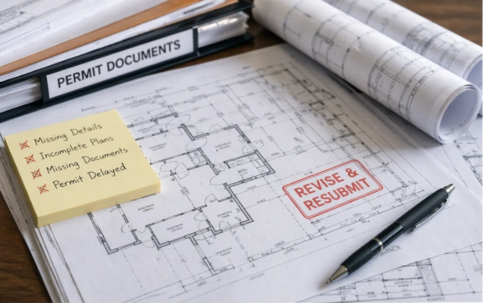 Permit document revision with floor plan drawings, rolled blueprints, missing details checklist, and revise and resubmit stamp for residential plan correction support
