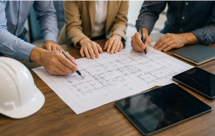 Project planning meeting with team reviewing floor plan drawings, construction documents, hard hat, tablet, and notes for residential design and permit coordination