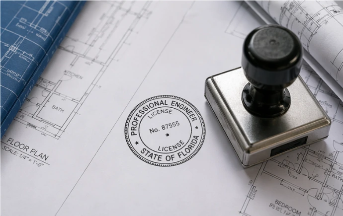 Florida professional engineer stamp on residential floor plan drawings with rolled blueprints and seal tool for permit-ready construction documents and plan approval support.