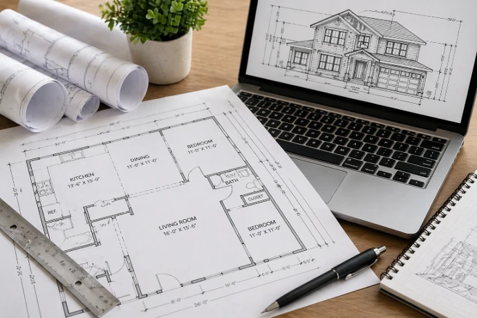 Residential project planning with floor plan drawings, rolled blueprints, laptop rendering, measurement tools, and design documents for permit-ready home improvement plans