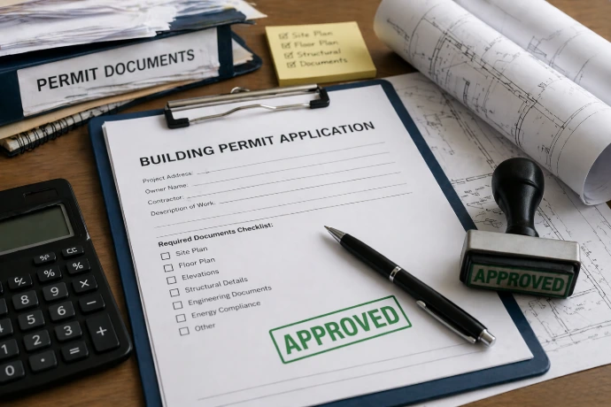 Building permit application with approved stamp, permit documents, rolled plans, checklist, calculator, and project paperwork for residential construction approval