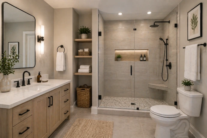 Modern bathroom renovation with walk-in glass shower, built-in shower niche, wood vanity, black fixtures, open shelving, tile flooring, and clean neutral finishes.