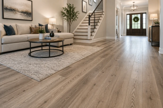 Light wood flooring installation in an open living room and entryway with clean trim, natural plank finish, modern interior design, and a bright polished home upgrade.