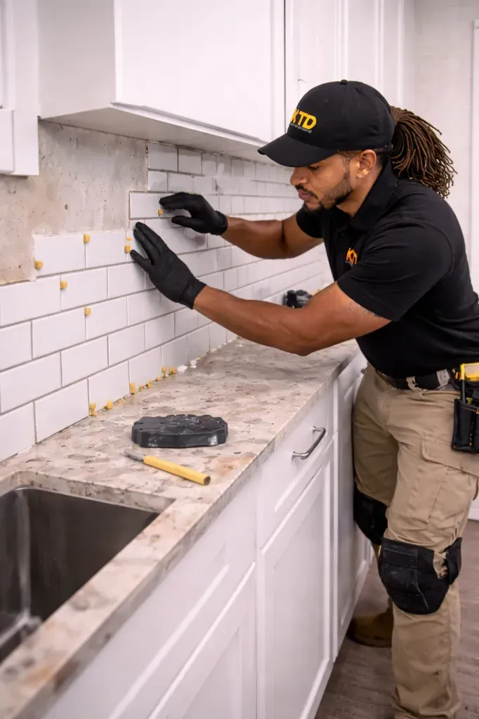 worker fixing kitchen tiles