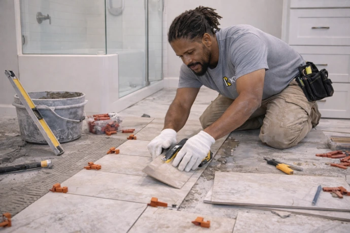 worker working on floor tiles