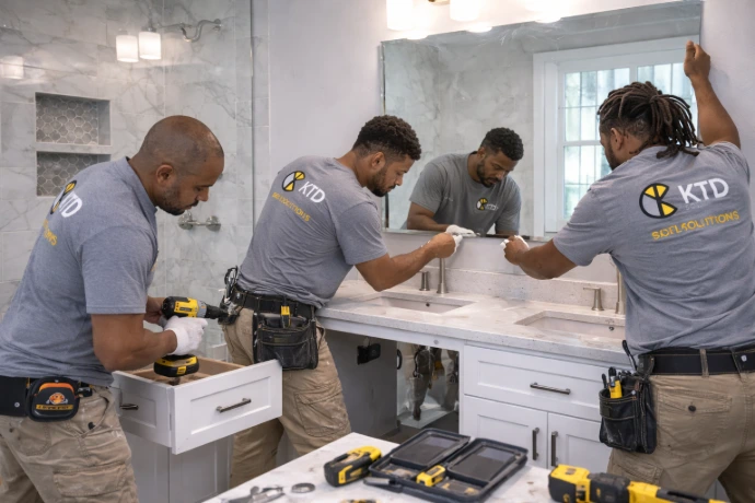 KTD Solutions team completing a bathroom vanity installation with double sinks, mirror placement, cabinet work, and detailed finish upgrades for a clean bathroom renovation.