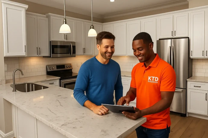 worker and happy customer discussin in kitchen