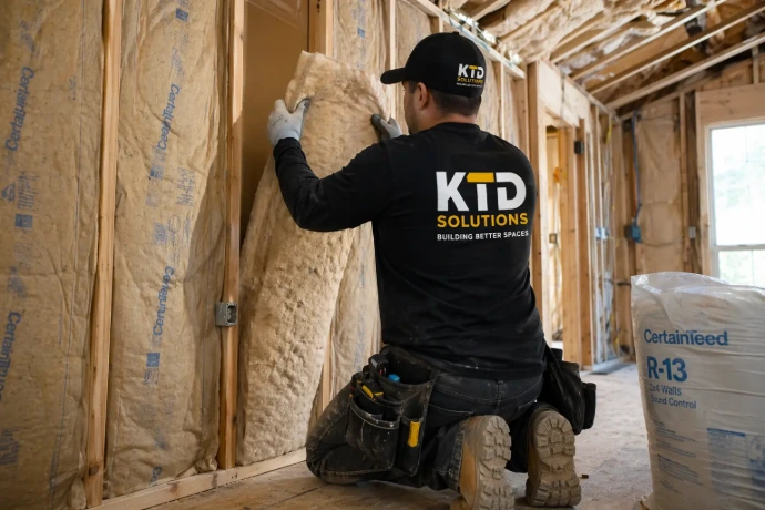 Worker installing wall insulation in progress