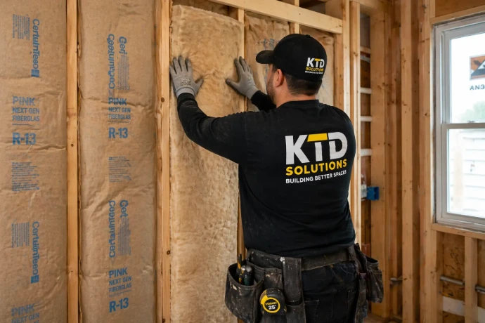 ktd worker installing insulation in framed wall