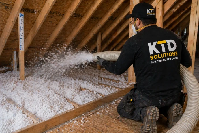 ktd worker in process of attic insulation installation