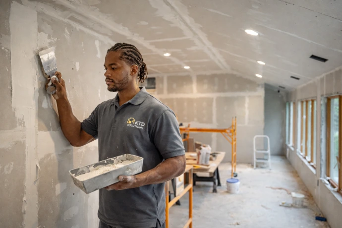 worker giving finishing tough on drywall