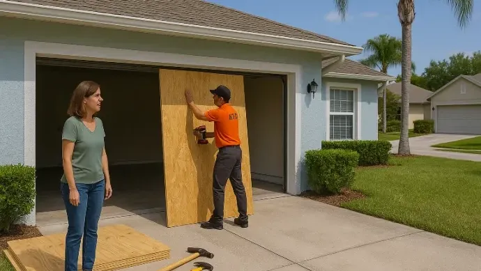 professional repair involving securing plywood sheets over a garage door opening