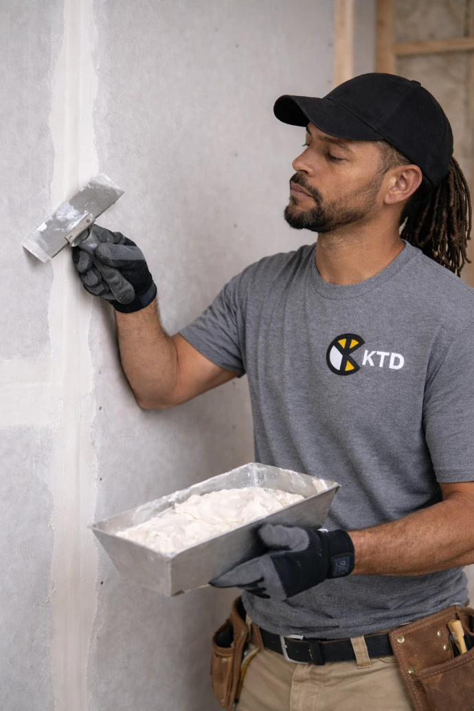 worker doing drywall taping and mudding