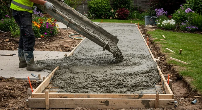pouring concrete to fix ruined concrete walkway