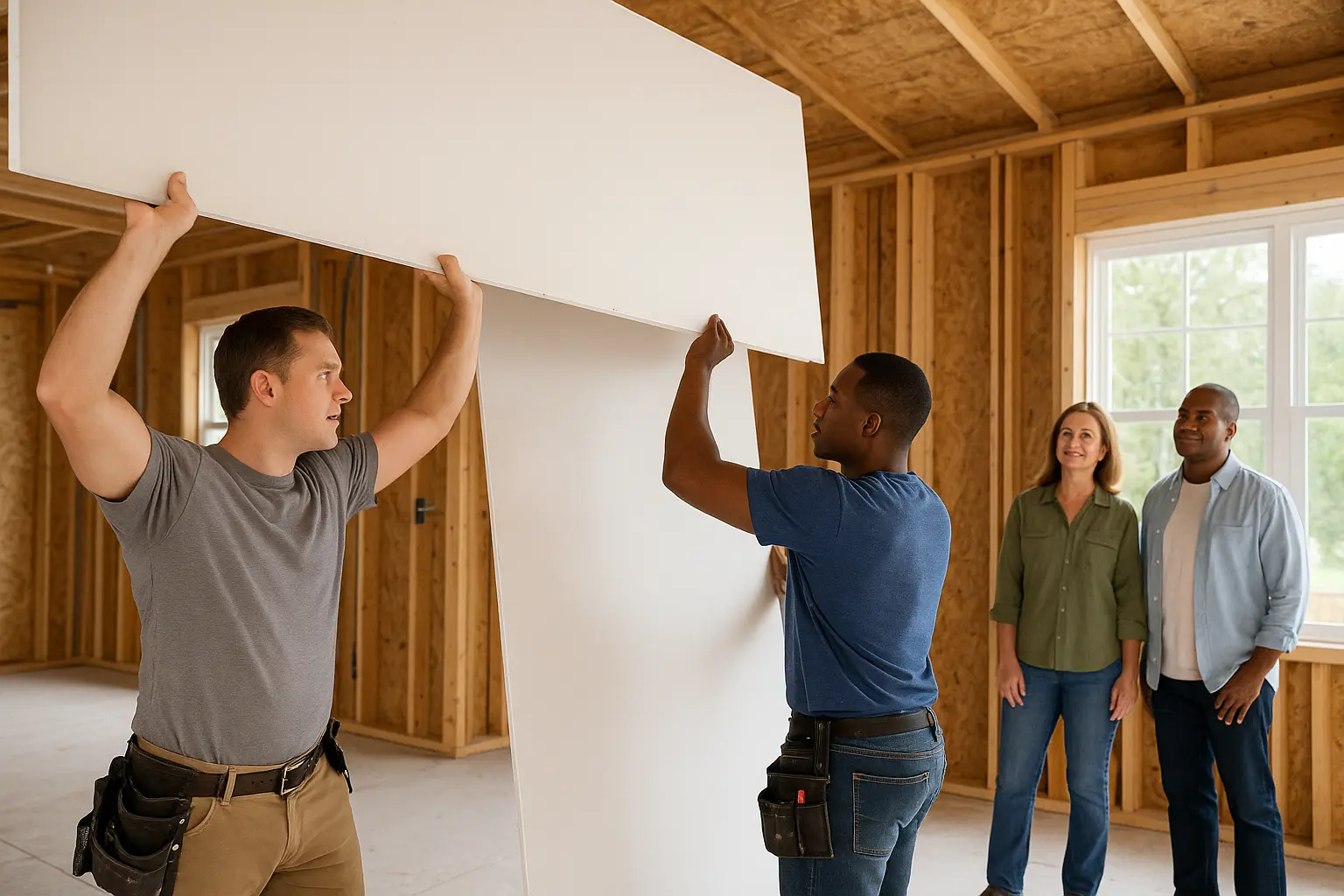 KTD team hanging drywall sheets in a Tampa Bay home renovation