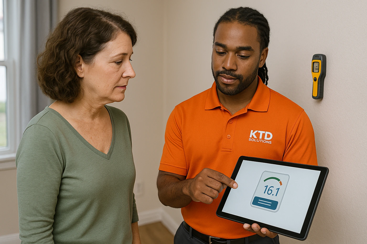 KTD Solutions rep reviewing moisture readings with homeowner during mold assessment.