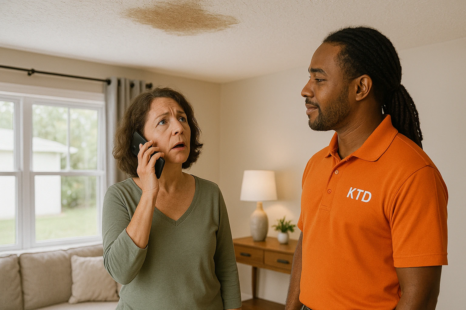 Homeowner noticing ceiling moisture while consulting with a KTD Solutions professional.