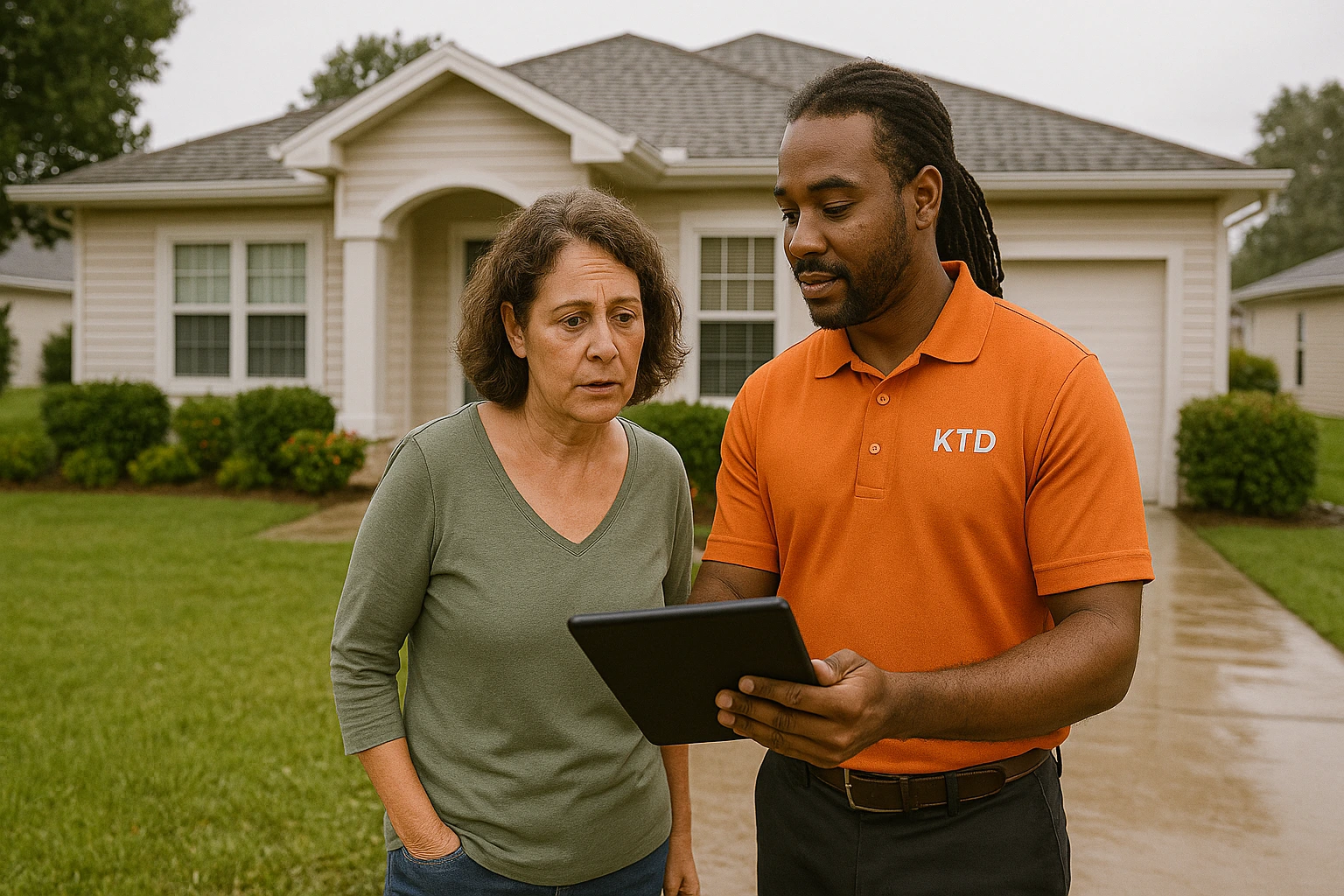 KTD Solutions rep discussing mold risk factors with homeowner outside a Tampa Bay home.