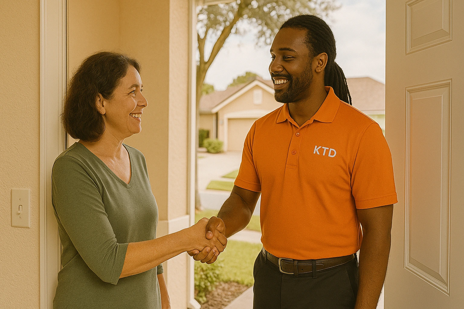 Homeowner thanking KTD Solutions rep after completing a mold assessment.