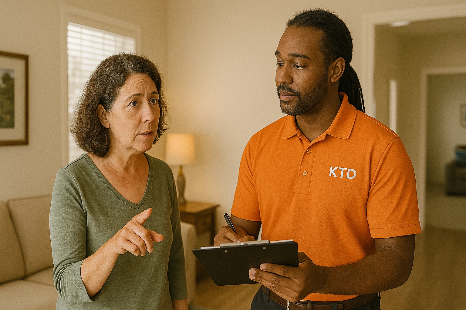 Homeowner reviewing next steps for mold remediation and repairs with a KTD Solutions rep.