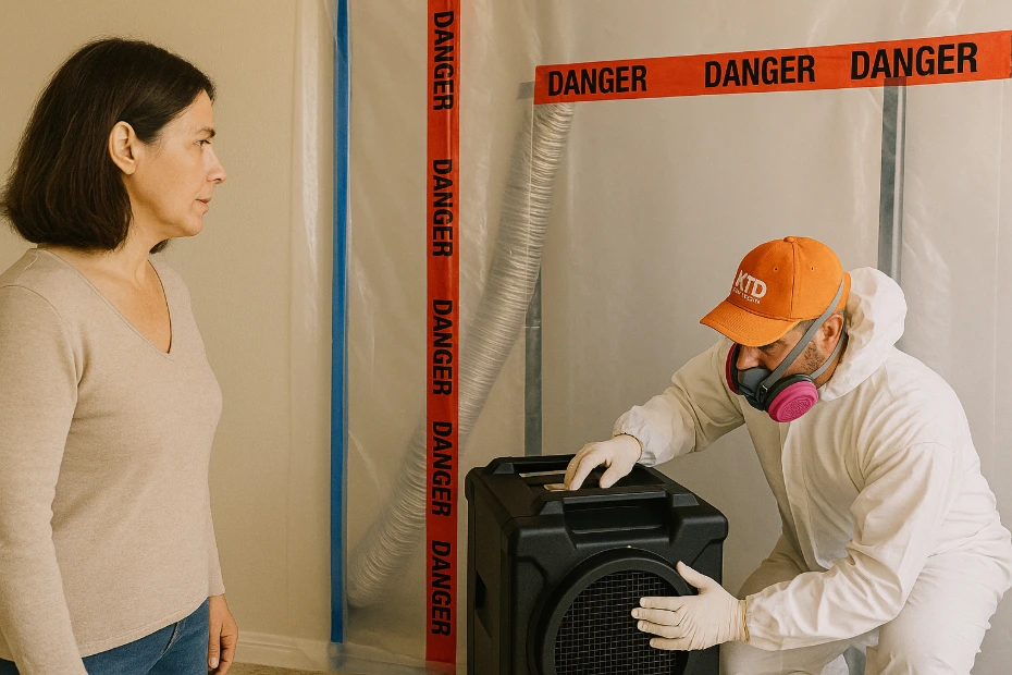 HEPA filtration setup for mold remediation by KTD Solutions. KTD Solutions technician adjusting HEPA filtration equipment during mold remediation.