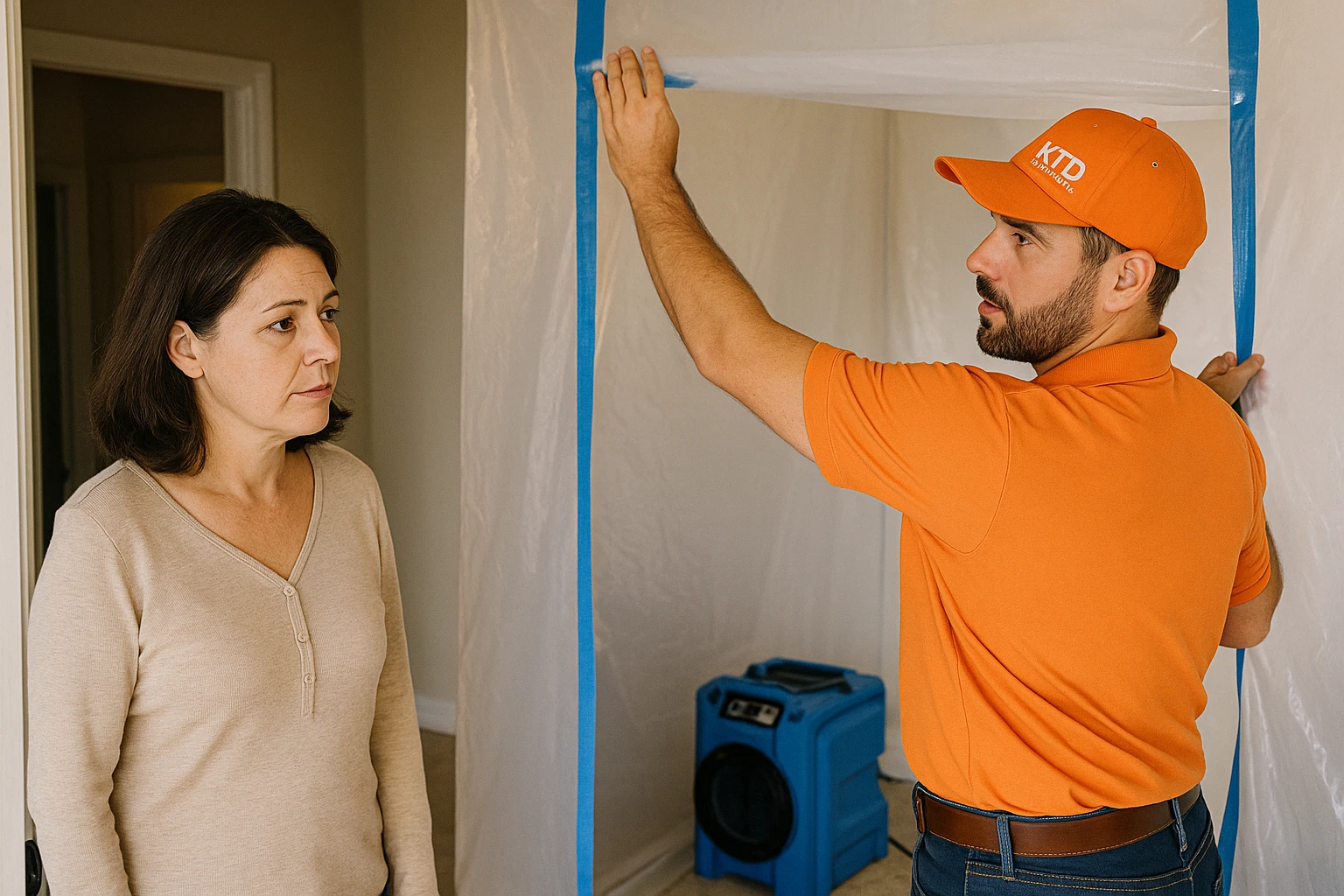 Containment setup by KTD Solutions for mold remediation project. KTD Solutions rep installing containment barriers during Tampa Bay mold remediation.
