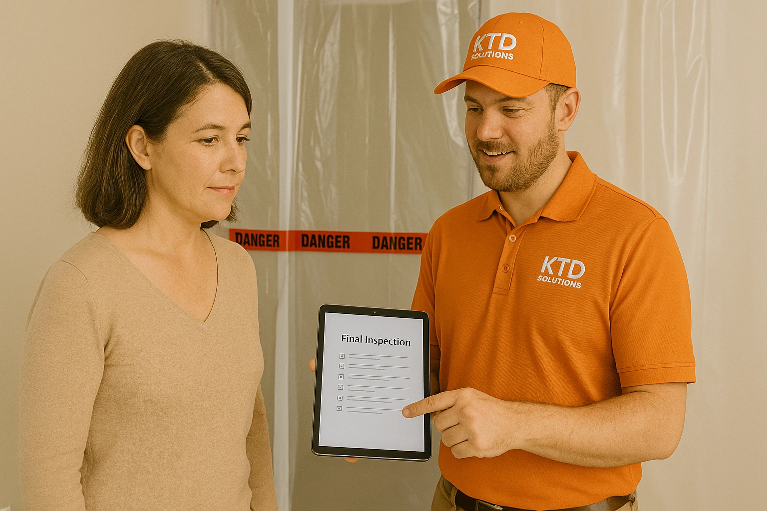 Final inspection and next-step review with KTD Solutions. KTD Solutions rep reviewing final mold remediation inspection with Tampa Bay homeowner.