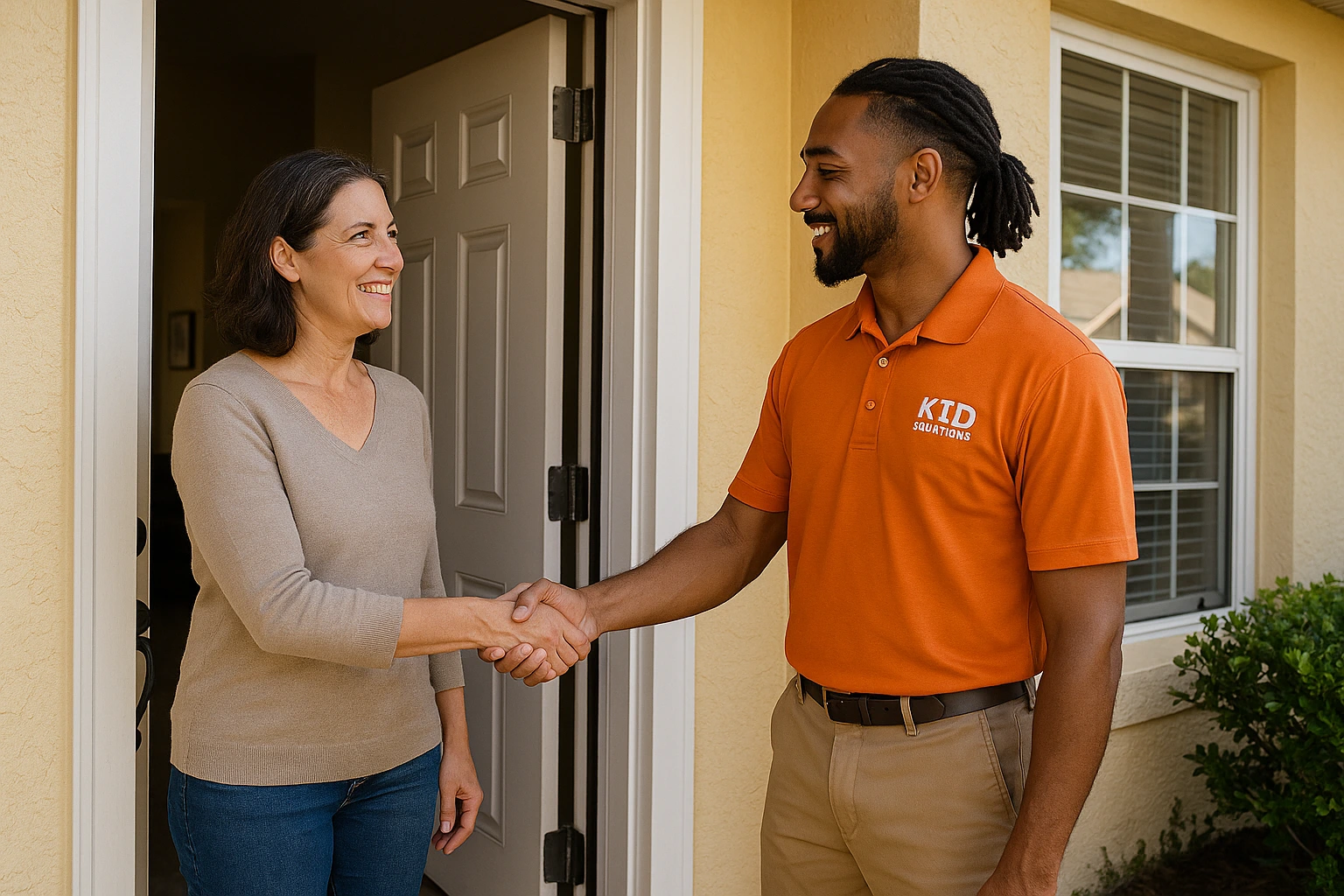 KTD Solutions completing mold remediation for Tampa Bay homeowner. Homeowner thanking KTD Solutions rep after completing mold remediation service.