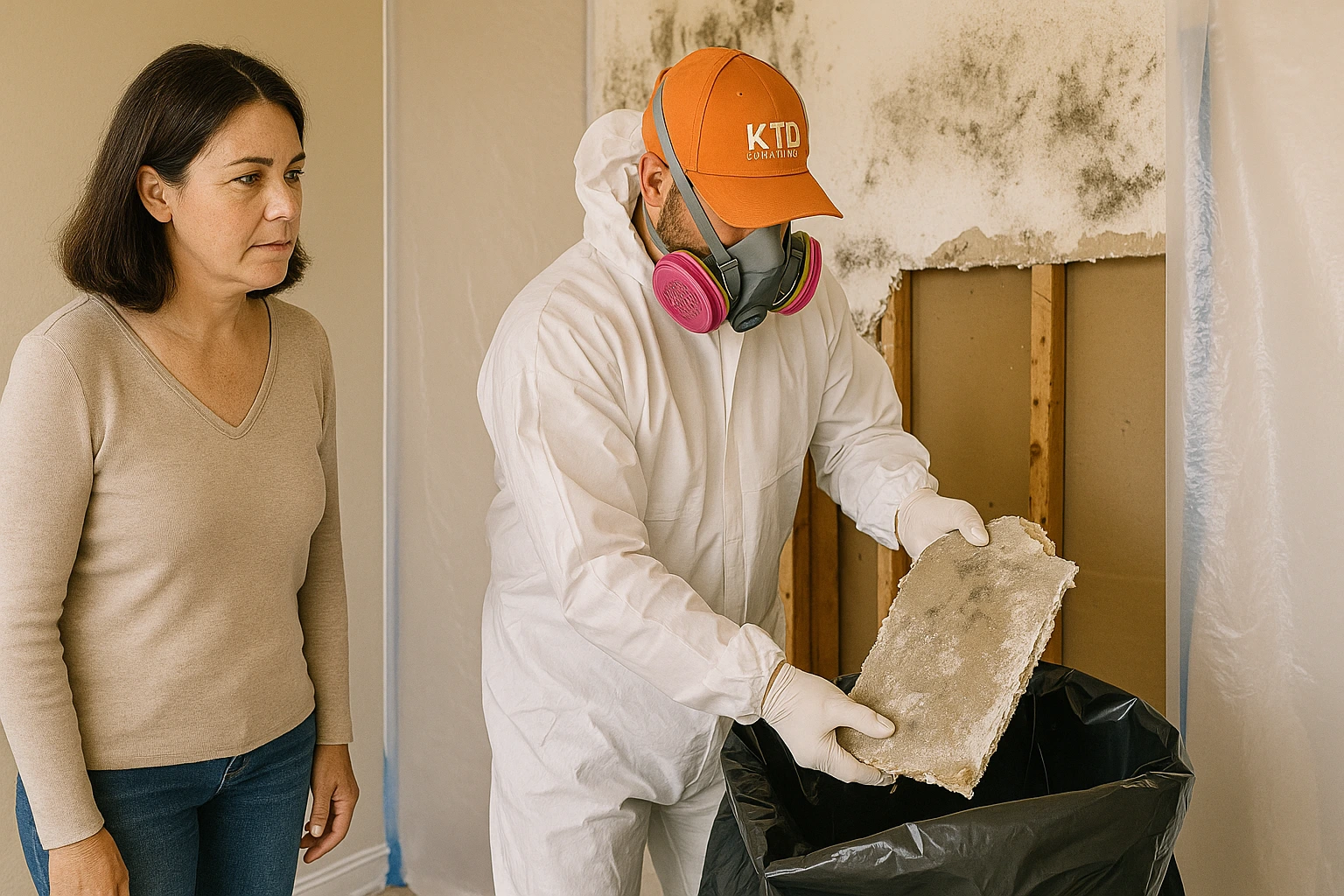 Safe removal of contaminated materials by KTD Solutions. KTD Solutions rep removing mold-damaged drywall during Tampa Bay remediation.