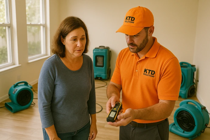 Homeowner reviewing structural dry-out progress with KTD Solutions technician.