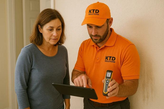 Homeowner reviewing moisture mapping results with KTD Solutions rep.