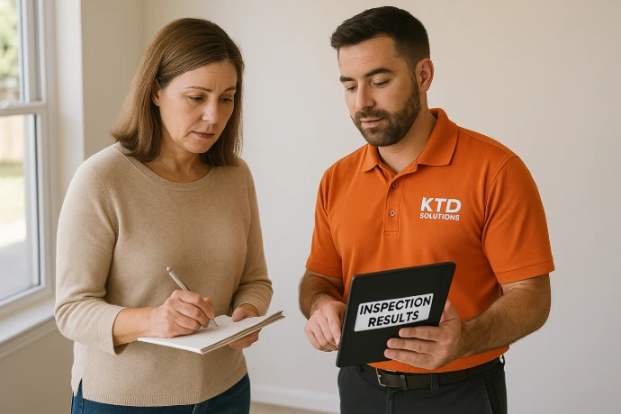 Homeowner reviewing final water damage inspection results with KTD Solutions rep.