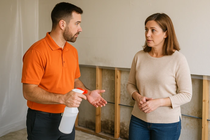 KTD Solutions rep applying antimicrobial treatment after water damage removal.