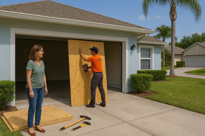 KTD Solutions rep boarding up garage opening for hurricane protection.