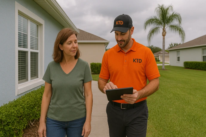 KTD Solutions rep conducting pre-storm board-up walkthrough with homeowner.