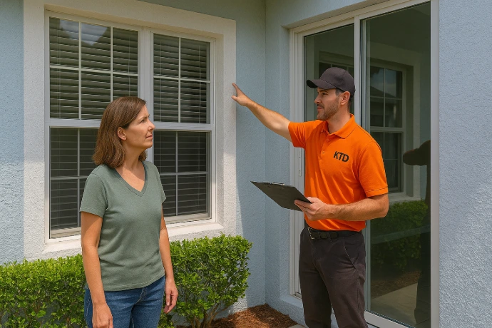 Homeowner reviewing impact-vulnerable areas with KTD Solutions rep.
