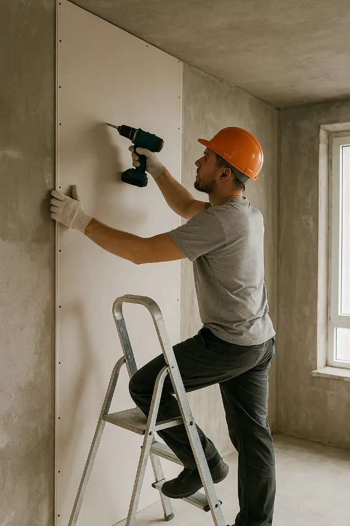 Drywall installation – worker securing wall panel with drill.webp